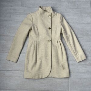 Jessica Simpson Jacquard Wool Coat Beige Gold Buttons Pockets Lined Long Jacket